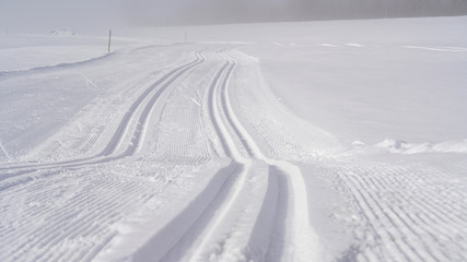 a cross country ski run on a agriculture field on a sunny and foggy  day