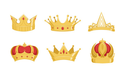Royal Golden Crowns Collection, Symbols of Power of Kings or Imperiors Vector Illustration