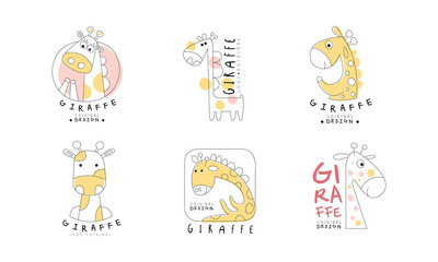 Cute Giraffe Original Design Logo Templates Collection, Abstract Hand Drawn Badges with Cute Wild African Animals Vector Illustration