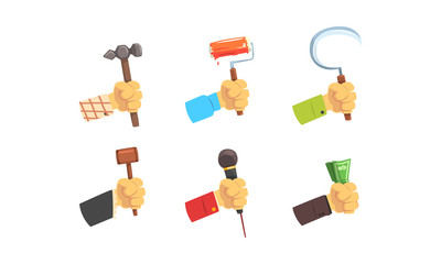 Hands Holding Tools Set, Male Hand with Symbols of Different Professions Vector Illustration