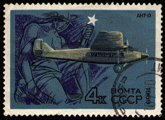 USSR - CIRCA 1969: post stamp 4 Soviet kopek printed by USSR, shows Tupolev ANT-9, Soviet passenger...
