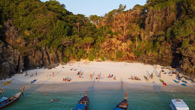 Phi Phi Don, Thailand. Aerial view of famous Nui Beach at sunset