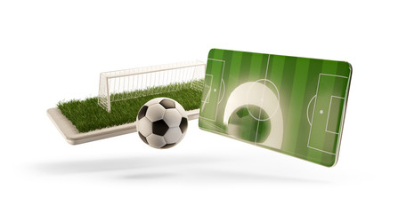 mobile phone soccer field ball and goal 3d-illustration © wetzkaz