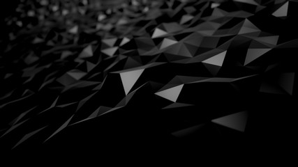 abstract background black dark low poly triangles . geometric shapes technical science wallpaper , glamour fashion sparkle of bloom defocus bokeh dots . raster render 3d 4k