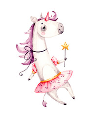 Cute watercolor Unicorn pony child princess angel animal, sweet pastel color. watercolour Illustration. Doodle Nursery decoration, hand drawn. For kid greeting card, Print t shirt, fashion artworks.