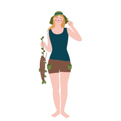 The fisherwoman with the salmon in her hand isolated on the white background, the flat style. The portrait of the young woman is holding the hat with her hand in full height.
