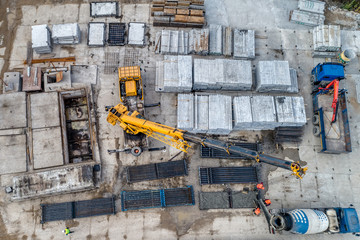 Factory for the production of reinforced concrete piles. Aerial view.