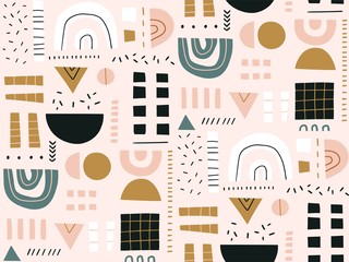 Seamless pattern with trendy doodles. Set of abstract hand drawn elements. Background with geometric modern shapes