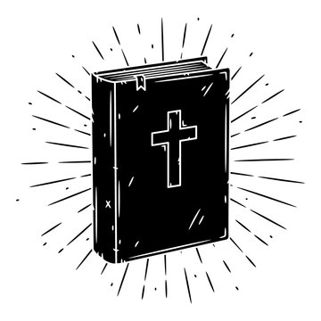 Bible book. Hand drawn vector illustration with Bible book and sunburst.