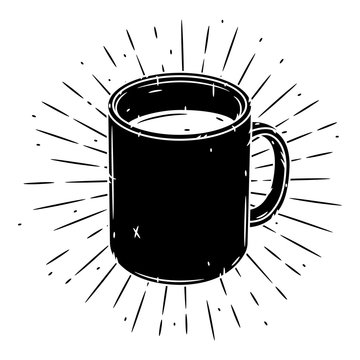 Mug. Hand drawn vector illustration with mug and sunburst.