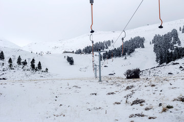 Mountain ski resort on a foggy day