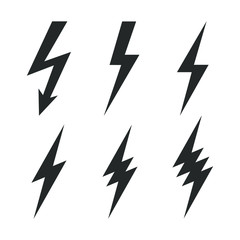 Lightning bolt graphic icons set. Flash of lightning signs isolated on white background. Vector illustration