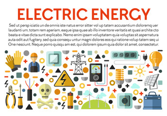 Electric energy banner with electrical works icons and text