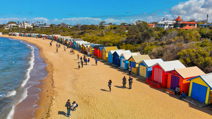 Aerial view of Brighton Beach Colourful Huts, Victoria, Australia