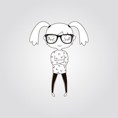 Teenage girl contour vector illustration. Cute female teenager, smart child, student in glasses standing outline character. Confident modern nerd schoolgirl isolated line art vector icon