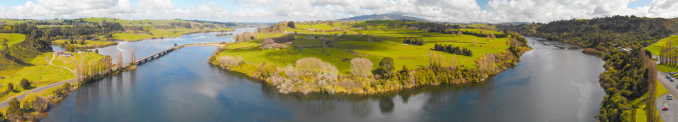New Zealand river and landscape, panoramic aerial view