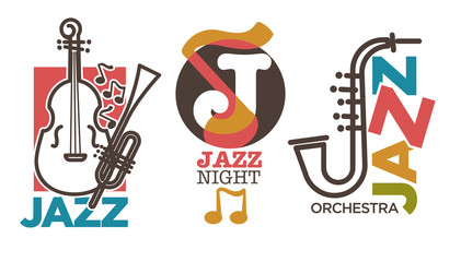 Jazz logo set with saxophone and double bass guitar icons