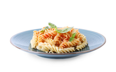 Delicious fusilli pasta with tomato sauce isolated on white