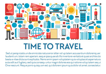 Time to travel banner, airport staff and equipment, airplane flight