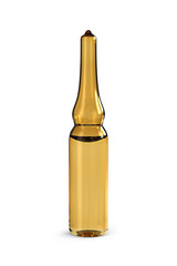 Amber Brown Glass Medical Ampule with Liquid Isolated on White Background. 3D Render.