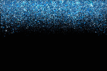 Confetti in shades of Classic Blue border isolated on black. Falling sparkles dots. Shiny dust vector background. The color of 2020 year. Shades of blue glitter texture effect. Easy to edit template.
