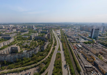 Fototapeta premium ZHBI district and idustrial zone in Yekaterinburg city, Russia. Aerial, summer, sunny