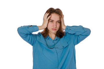 A teenager at the age of 17 with headache on a white background
