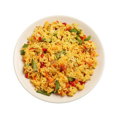 Tasty rice pilaf with vegetables isolated on white, top view