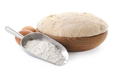 Dough, eggs and flour on white background. Cooking pastries