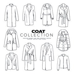 Doodle set of Coat Collection – Duffle Coat, Eggshape, A-Line, Parka, Straight Cut, Down Coat, trenchcoat, Short Coat, blazer, Blouson, hand-drawn. Vector sketch illustration isolated white backgroun © Susann Schröter