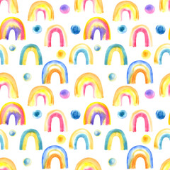 Watercolor seamless pattern with hand painted watercolor rainbows. Stock illustration, wrapping paper, fabric wallpaper print texture