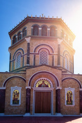 Orthodox church at the hill Panayia Sto Throni over the famous Kykkos monastery, Cyprus. Beautiful architectural landmark on a sunny day, pilgrimage and travel background, vertical image