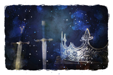 watercolor style and abstract image of beautiful queen/king crown. fantasy medieval period