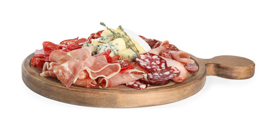 Wooden board with ham and other delicacies isolated on white