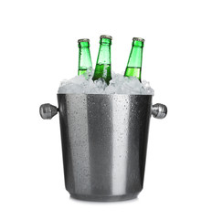 Beer in metal bucket with ice isolated on white