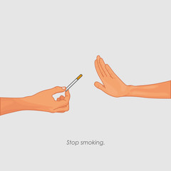 Stop smoking concept. Closeup of hand refusing to take cigarette. Man holding a cigarette on white or grey background. Quit smoking. Health care poster - Simple flat character vector illustration.