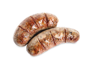 Tasty fresh grilled sausages isolated on white, top view