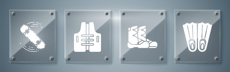 Set Rubber flippers for swimming, Boots, Life jacket and Skateboard trick. Square glass panels. Vector © Oksana