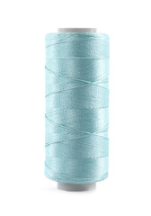 Spool of light blue sewing thread isolated on white
