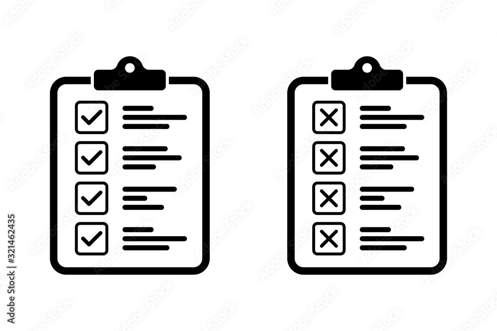 Poster clipboard vector icons isolated. task done sign. check mark icons symbol. tick symbol. cross tick.