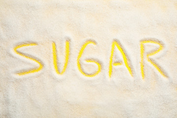 Composition with word SUGAR on yellow background, top view