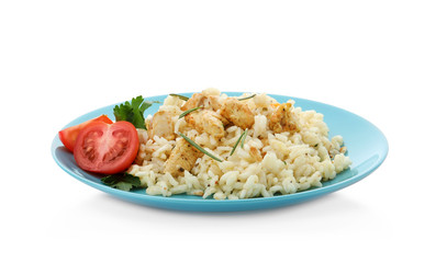 Delicious risotto with chicken isolated on white
