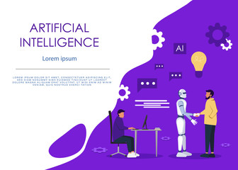 Ai or artificial intelligence vector concept with ai robot handshake with human. Symbol of future cooperation, technology advance, innovation. Eps10 vector illustration