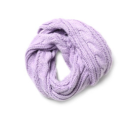 Lilac knitted scarf isolated white, top view