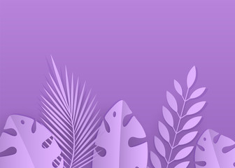 Abstract close-up background of tropical Monstera leaf in trendy pink and purple colors or shades. Lilac summer background. Tropical plants on a lilac background. Minimalism, modern design.