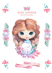 Cute romantic cartoon girl with flowers and floral background. Watercolor adorable hand draw illustration colorful art for design postcard, baby shower, birthday