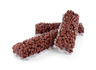 Delicious rice crispy treats on white background