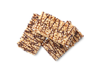 Delicious rice crispy treats isolated on white, top view
