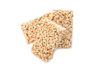 Delicious rice crispy treats isolated on white, top view