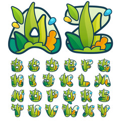 E letter eco logo with green leaves and dew drops.